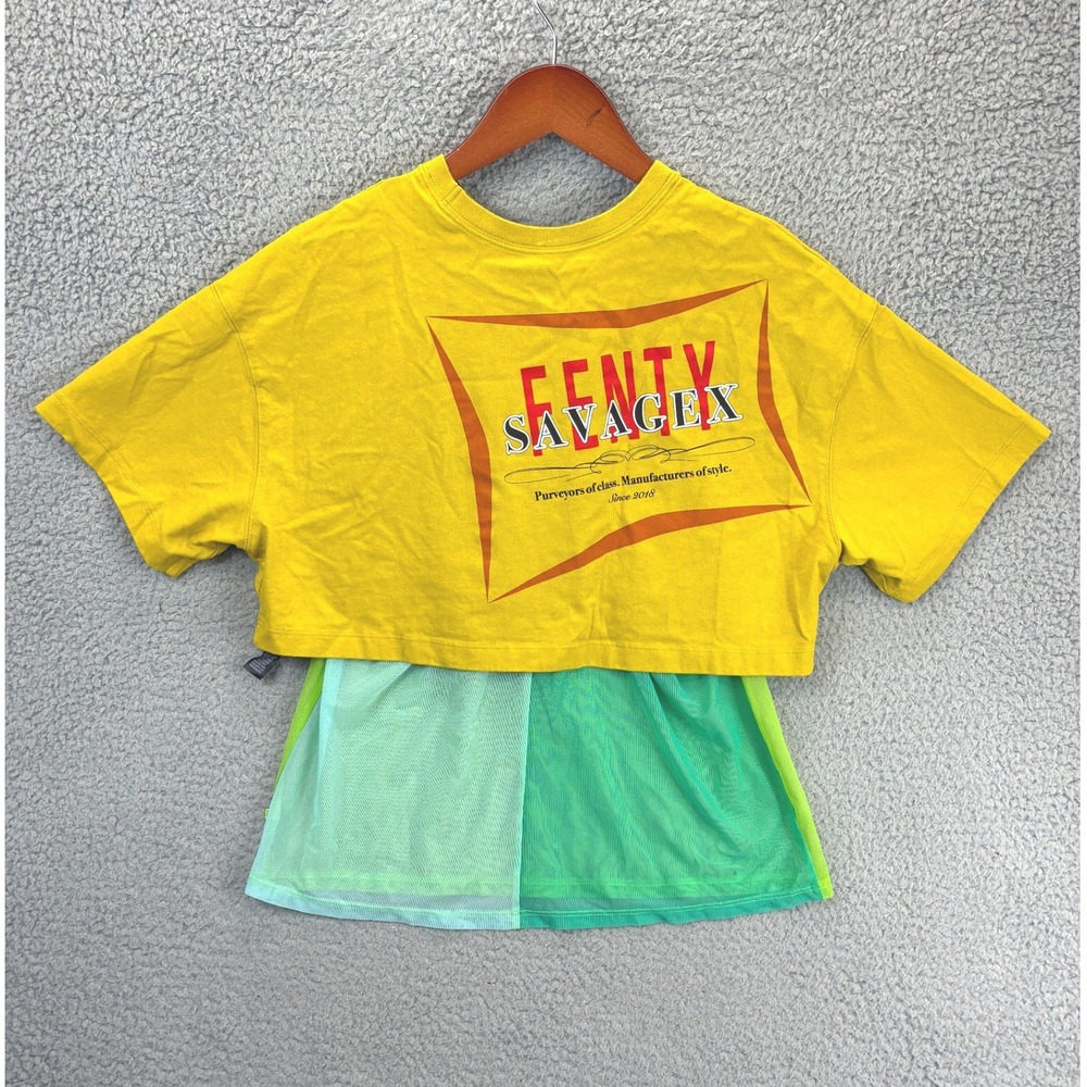 Savage X Fenty Cropped T-Shirt Womens S Yellow Mesh Layered Streetwear Casual - Picture 11 of 15